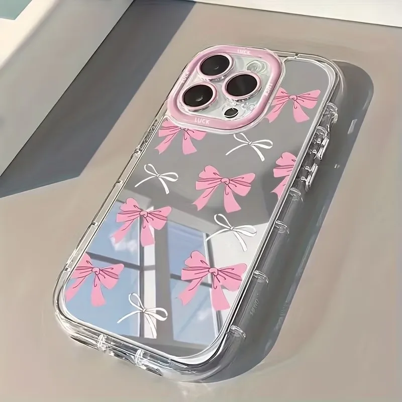 Phone Cases Xr Cute - シンプルな青とピンクのリボンが可愛い女の子向けメイクアップミラー付きスマホケース iPhone 17 AIR 16 15