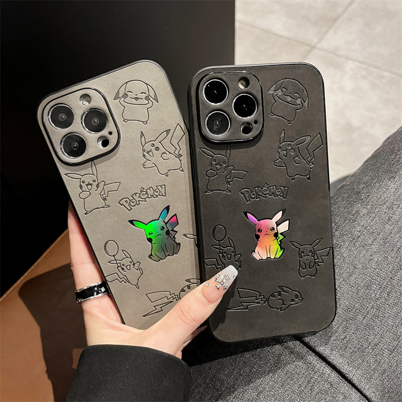 Phone Cases Leather - 漫画ピカチュウフェイクレザーレーザー携帯電話ケース iPhone 15 14 13 12