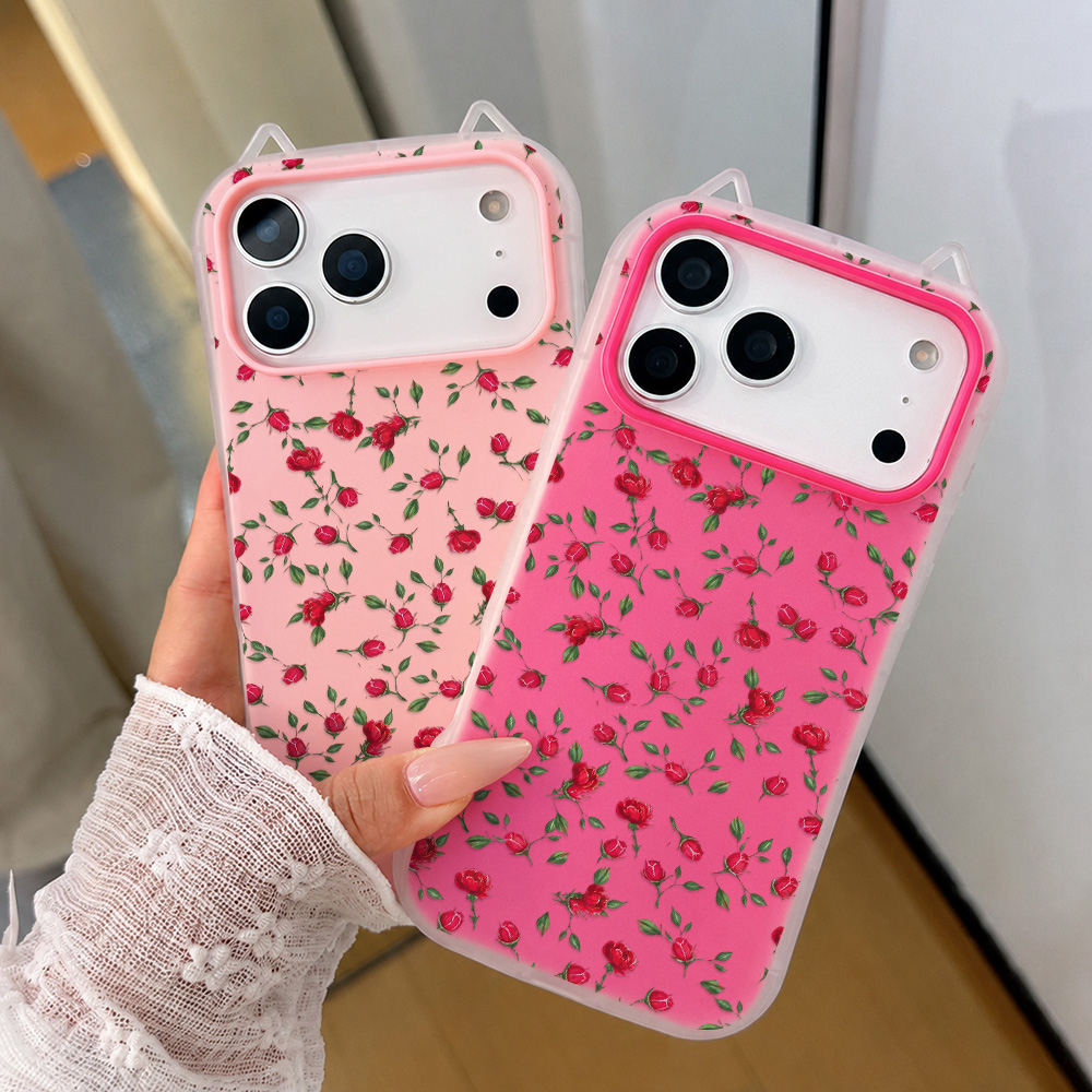 Phone Cases Red - 赤いバラの花柄猫耳付きスマホケース iPhone 17 Pro Max 17
