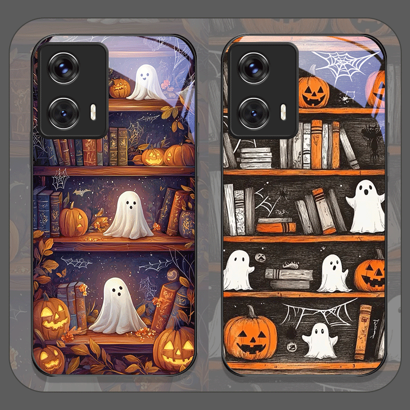 ハロウィン パンプキン ゴースト 本棚 強化ガラス製 スマホ - Phone Cases For Motorola のレビューと価格