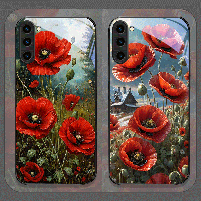 レトロなポピーの花柄、ホットレッドプリントの強化ガラス製スマ - Phone Cases Samsung S25 Ultra のレビューと価格