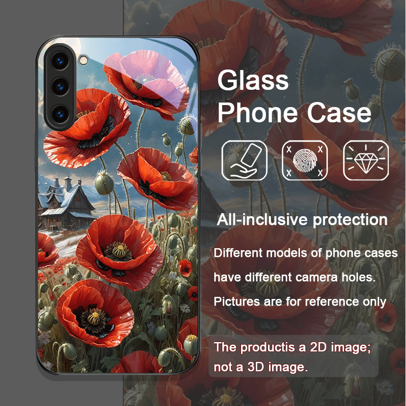 レトロなポピーの花柄、ホットレッドプリントの強化ガラス製スマ - Phone Cases Samsung S25 Ultra のレビューと価格